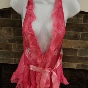Stretch lace ribbon tie in front halter chemise